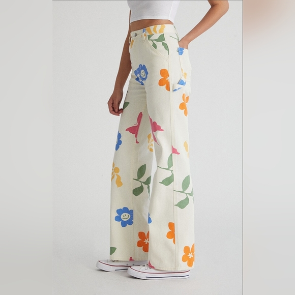 PacSun Pants - NWT PacSun Ivory Floral Flower Power High Waisted Flare Carpenter Pants 26
